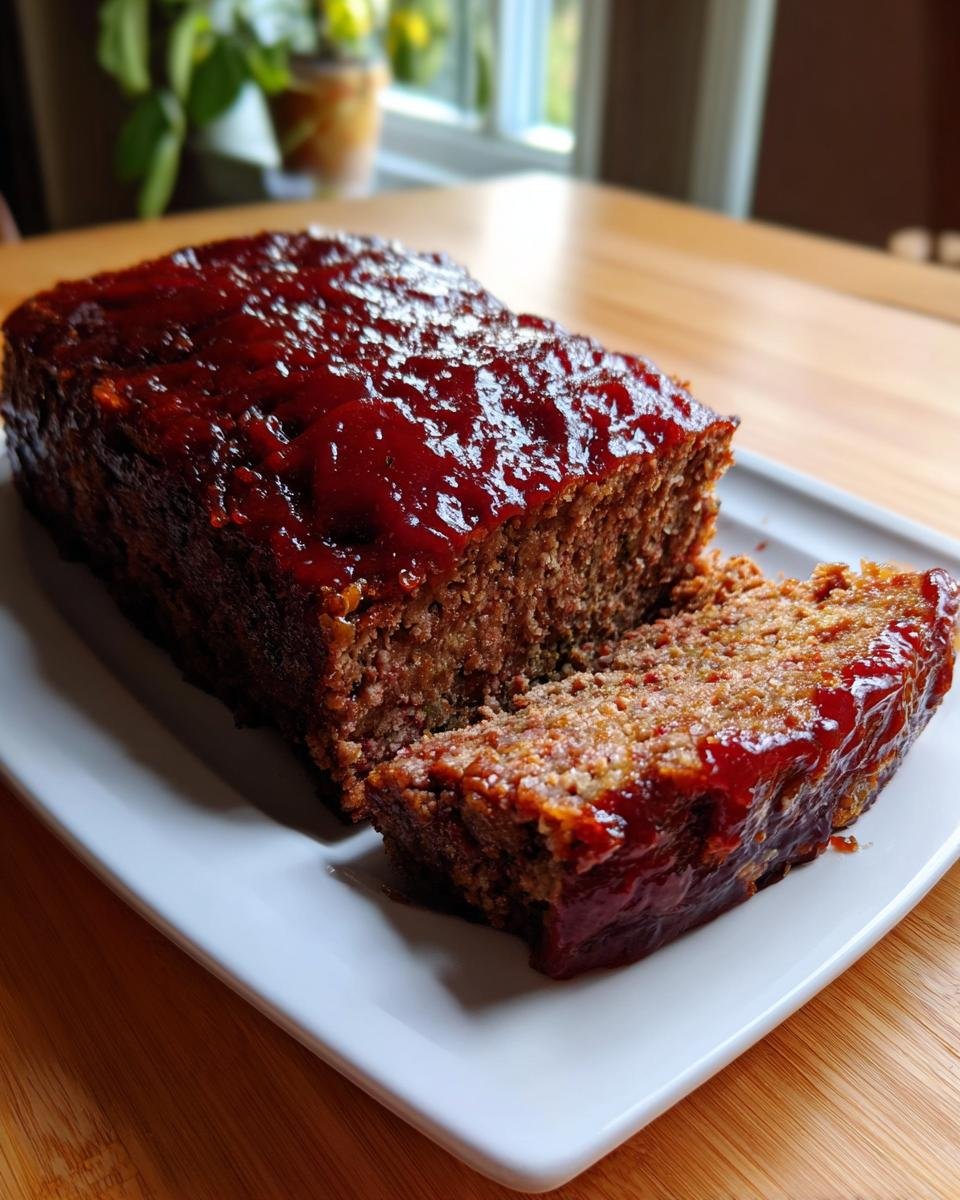 A loaf of Ultimate Moist Meatloaf Recipe, partially sliced, covered in a thick, shiny red glaze.