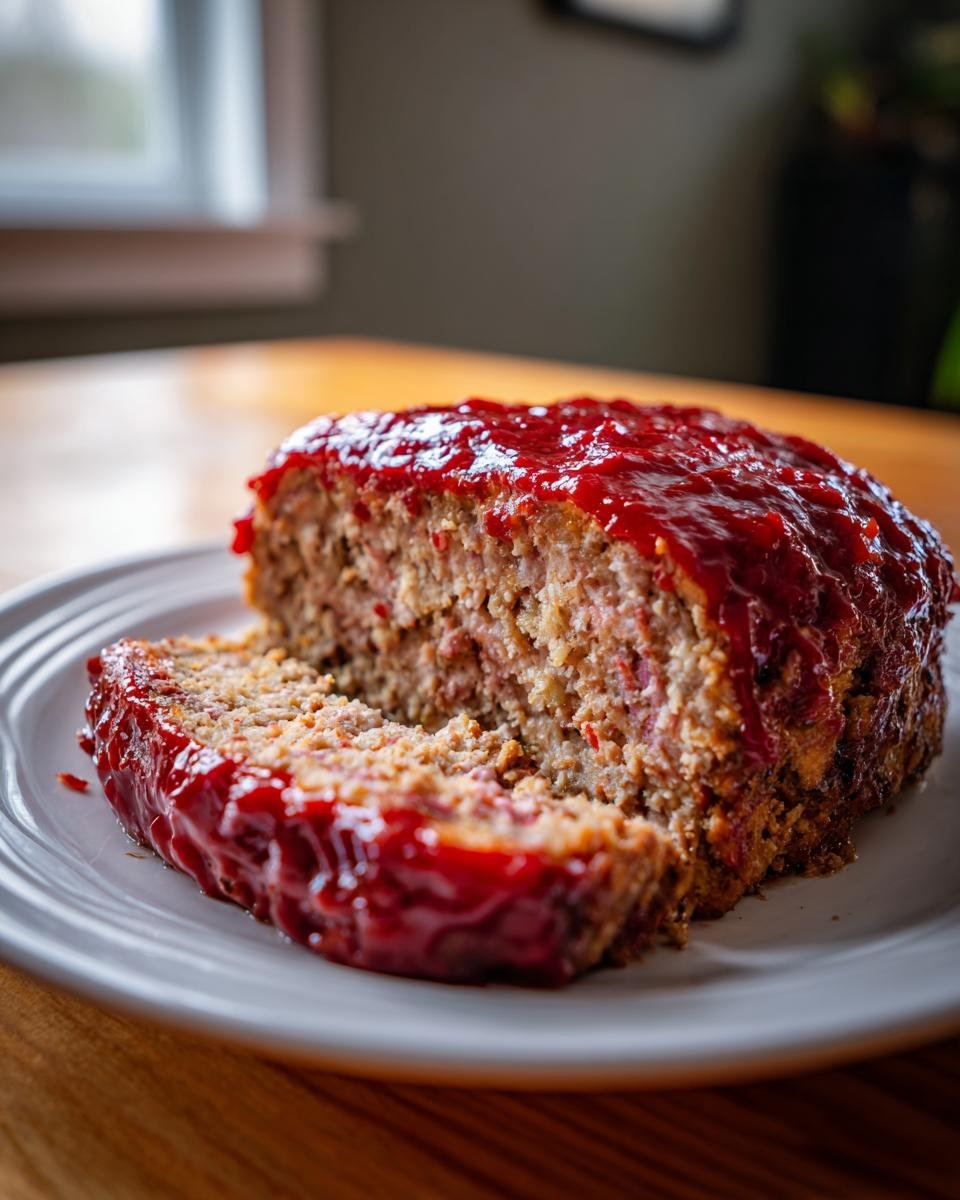 A thick slice cut from the Ultimate Moist Meatloaf Recipe, covered in a shiny red glaze, served on a white plate.