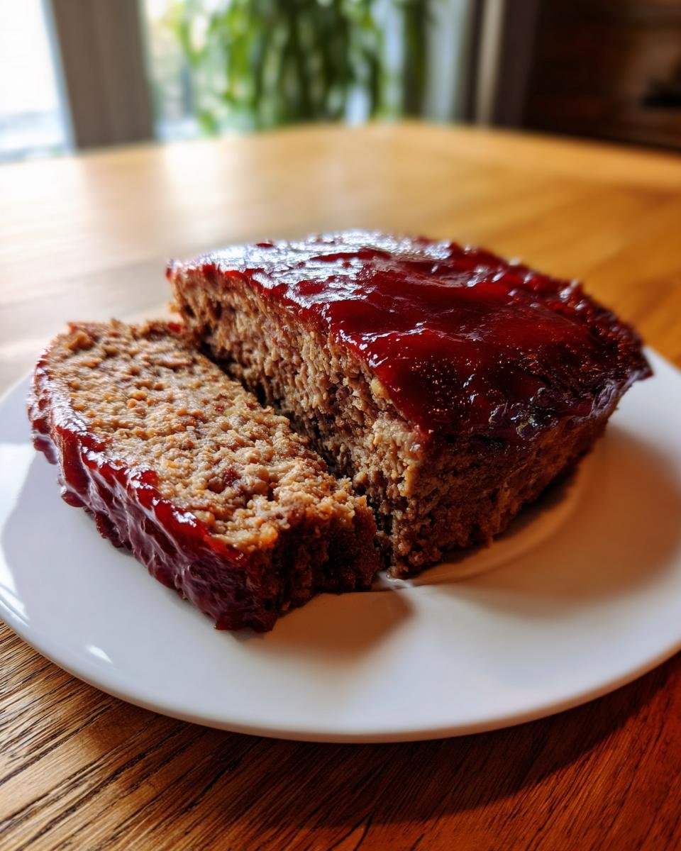 A slice cut from a loaf of Ultimate Moist Meatloaf Recipe, topped with a rich, glossy red glaze.
