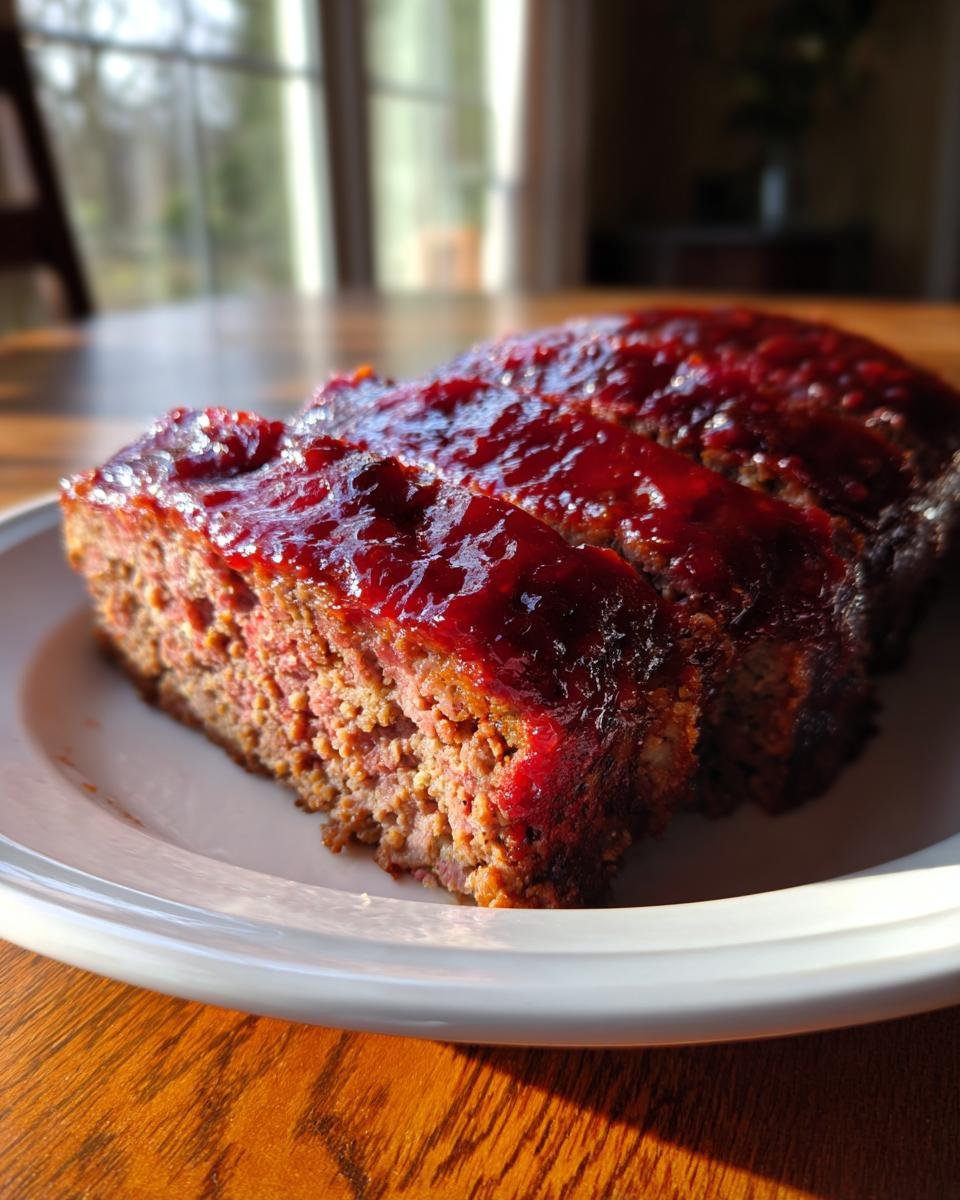 Slices of Ultimate Moist Meatloaf Recipe covered in a shiny, dark red glaze, resting on a white plate.