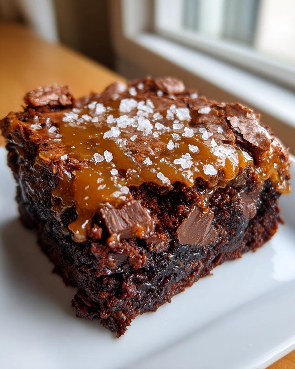 Close-up of a rich, fudgy brownie topped with gooey caramel sauce and flaky sea salt.