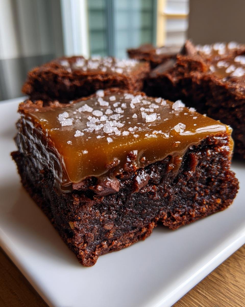 Close-up of a fudgy square of Ultimate Salted Caramel Brownies topped with glossy caramel and flaky sea salt.