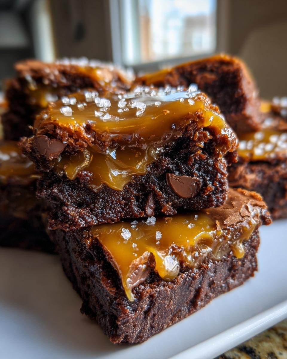 Close-up of fudgy Ultimate Salted Caramel Brownies stacked, showing gooey caramel filling and sea salt flakes.