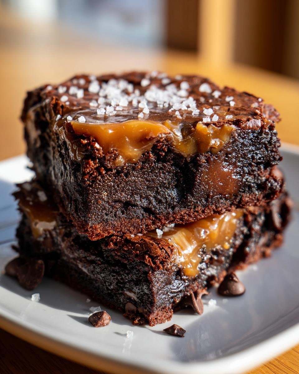 Two stacked, fudgy Ultimate Salted Caramel Brownies topped with gooey caramel and flaky sea salt.