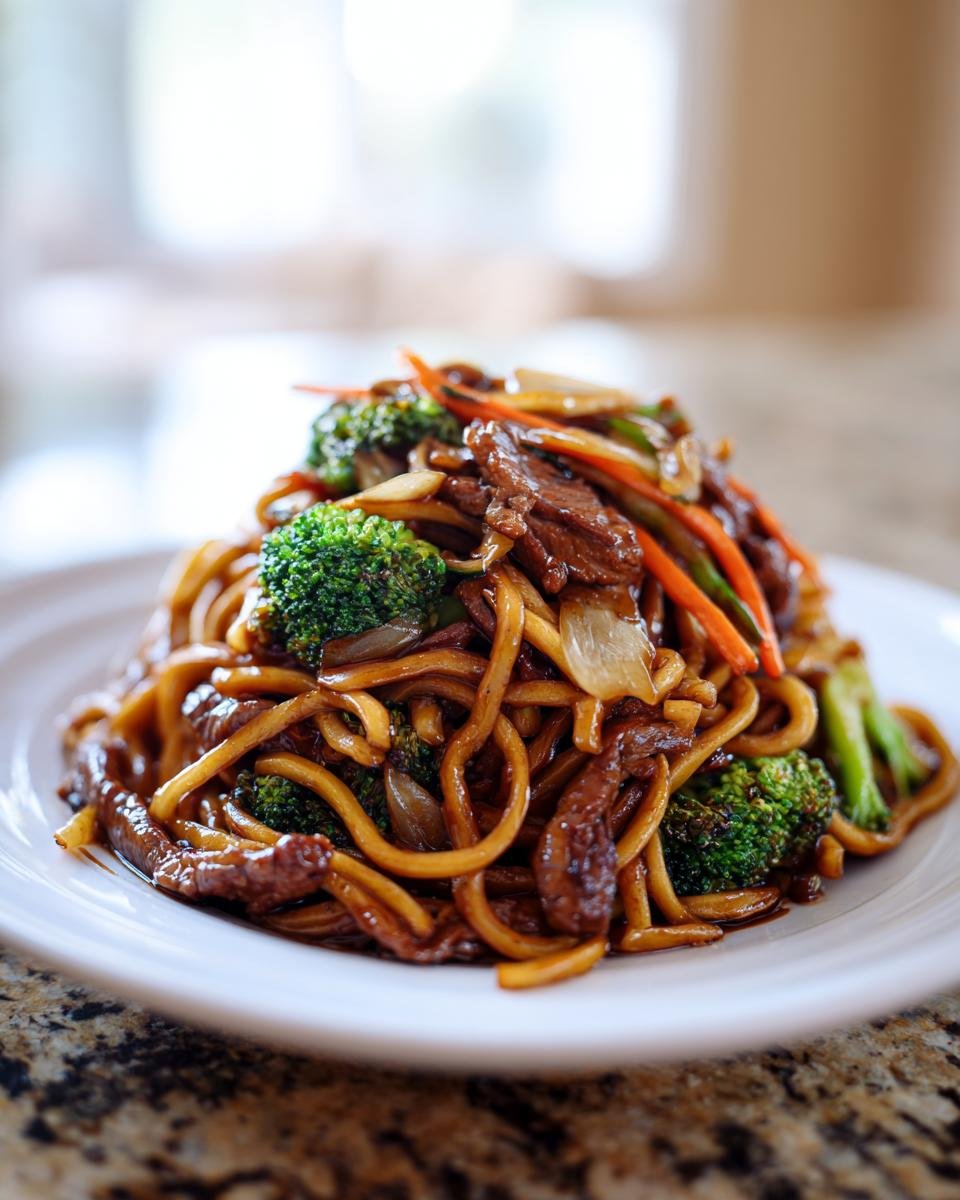 A close-up of a serving of Irresistible Veggie Chicken Lo Mein Recipe, featuring thick noodles, beef strips, and bright green broccoli florets.
