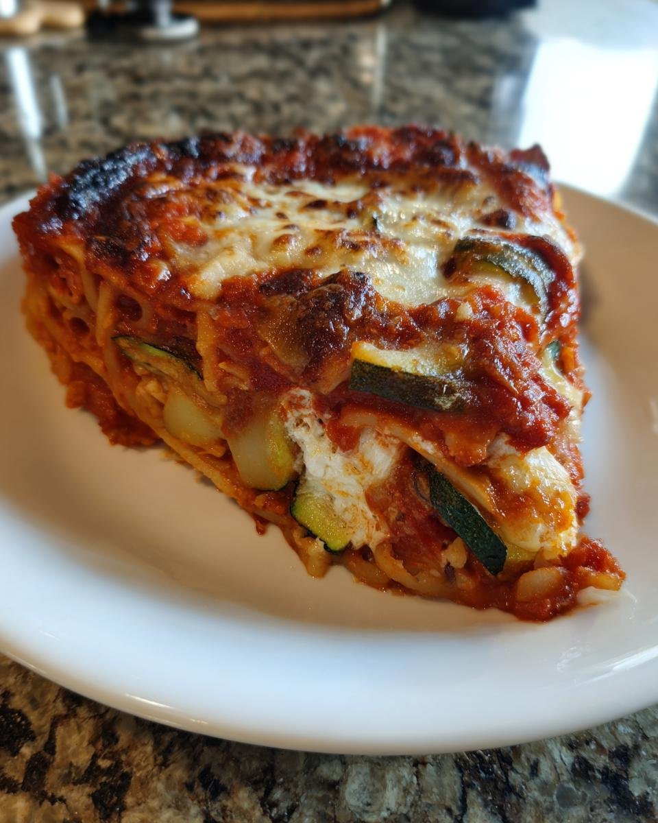 A close-up of a hearty slice of Irresistible Veggie Packed Spaghetti Bake, showing layers of pasta, zucchini, and bubbly, browned cheese.