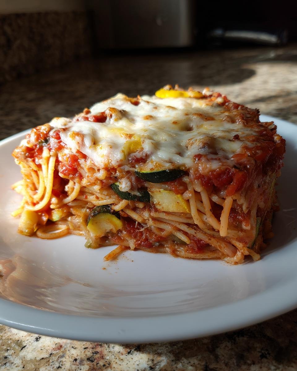 A generous slice of Irresistible Veggie Packed Spaghetti Bake, layered with zucchini and topped with melted mozzarella cheese.