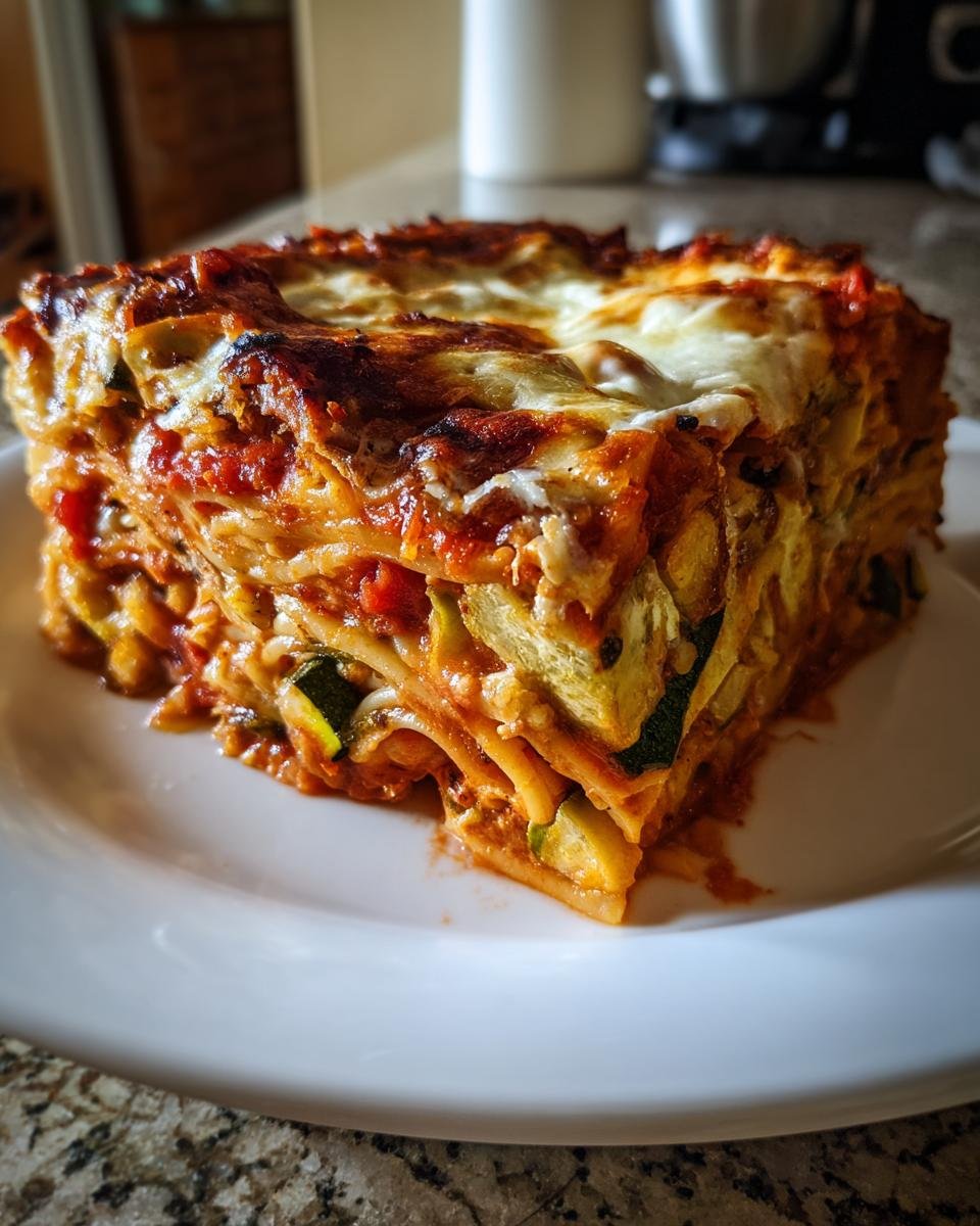 A thick, layered slice of Irresistible Veggie Packed Spaghetti Bake with visible zucchini and melted cheese.
