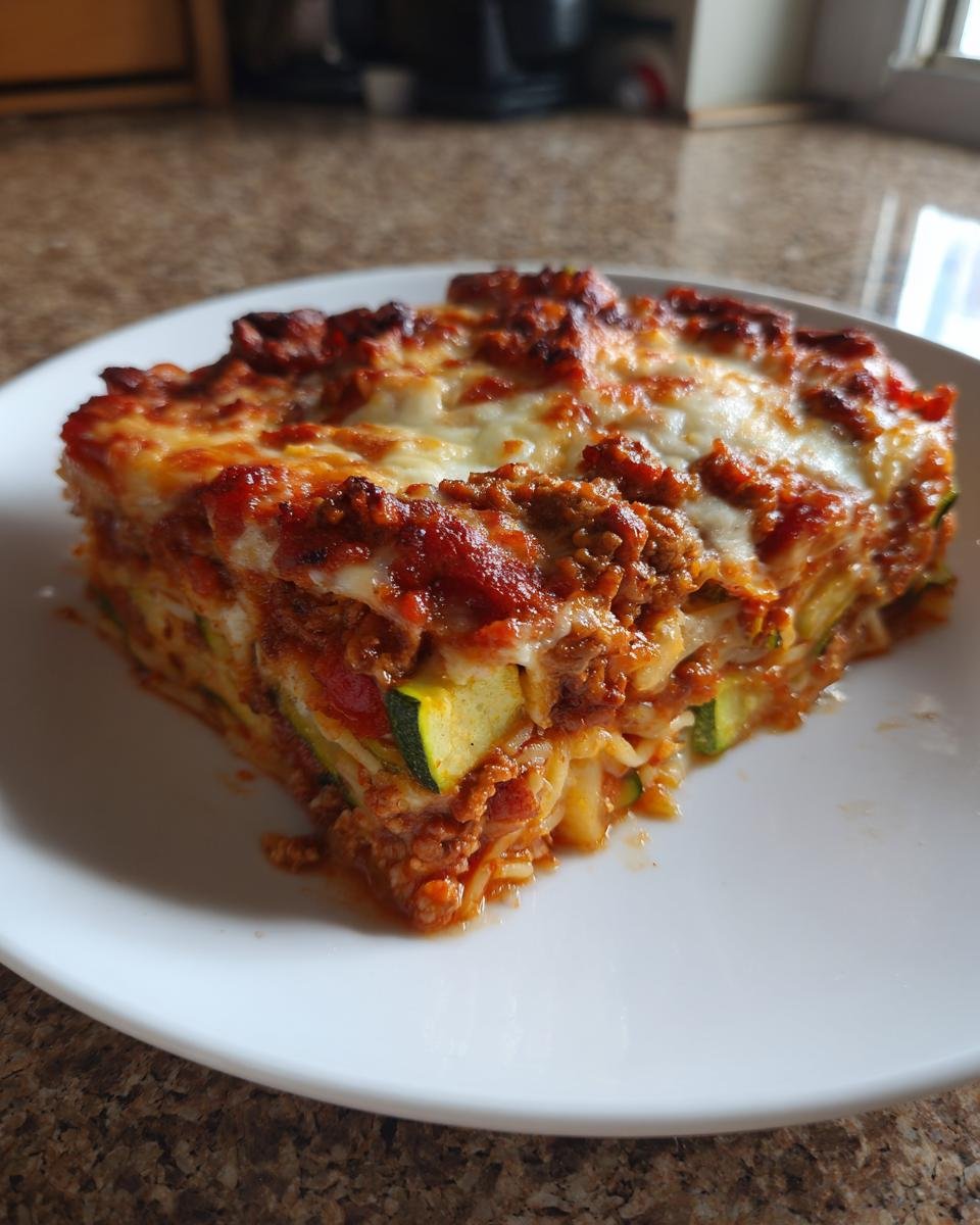 A close-up serving of Irresistible Veggie Packed Spaghetti Bake, showing layers of pasta, sauce, zucchini, and melted cheese.