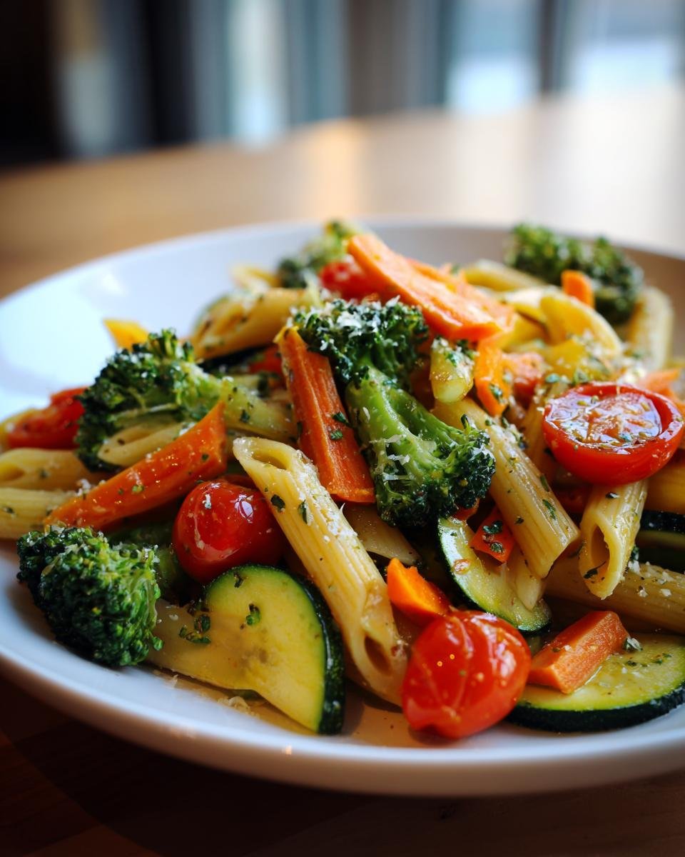 A close-up of a white bowl filled with Vibrant Pasta Primavera Recipe featuring penne pasta, bright green broccoli, orange carrots, and red cherry tomatoes.