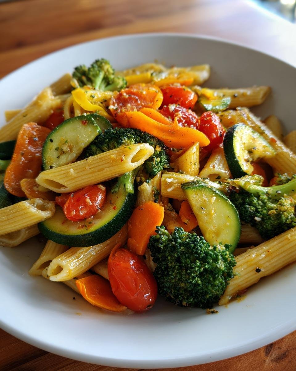 A close-up of a bowl of Vibrant Pasta Primavera Recipe featuring penne pasta, broccoli, carrots, zucchini, and cherry tomatoes.
