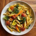Close-up of a bowl of Vibrant Pasta Primavera Recipe featuring penne pasta, zucchini, broccoli, carrots, and cherry tomatoes.
