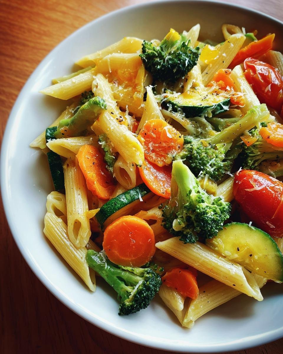 A close-up overhead view of a white bowl filled with Vibrant Pasta Primavera Recipe featuring penne pasta, broccoli, carrots, zucchini, and tomatoes.