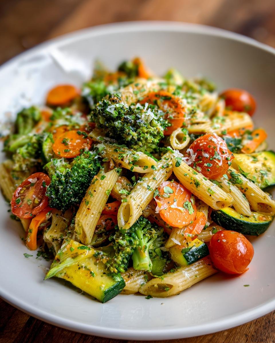 Close-up of Vibrant Pasta Primavera Recipe featuring penne, broccoli, carrots, zucchini, and tomatoes.