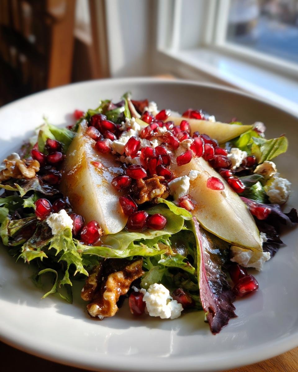 Close-up of a Vibrant Pear Pomegranate Salad Recipe featuring sliced pears, bright red arils, feta cheese, and walnuts on mixed greens.