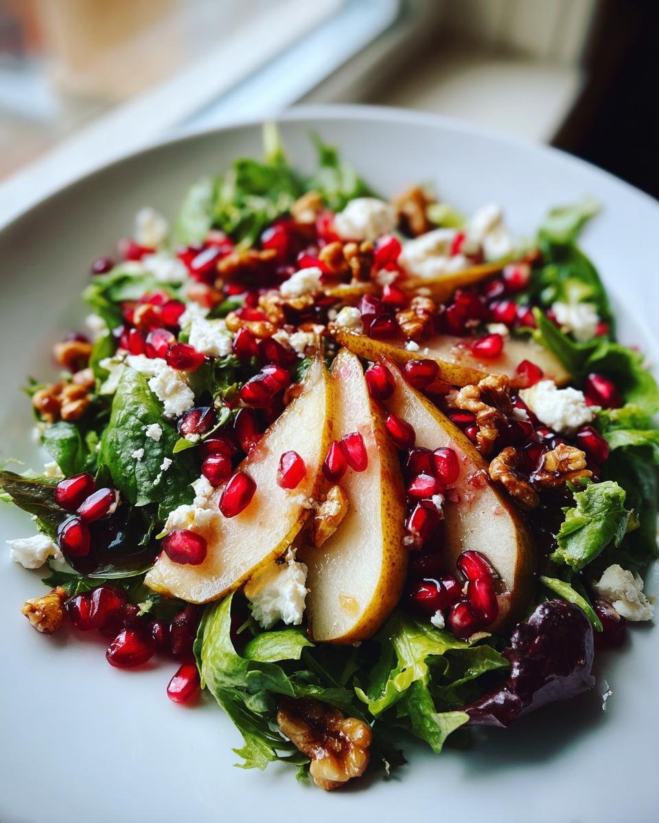 Close-up of a Vibrant Pear Pomegranate Salad Recipe featuring sliced pears, feta, walnuts, and greens.