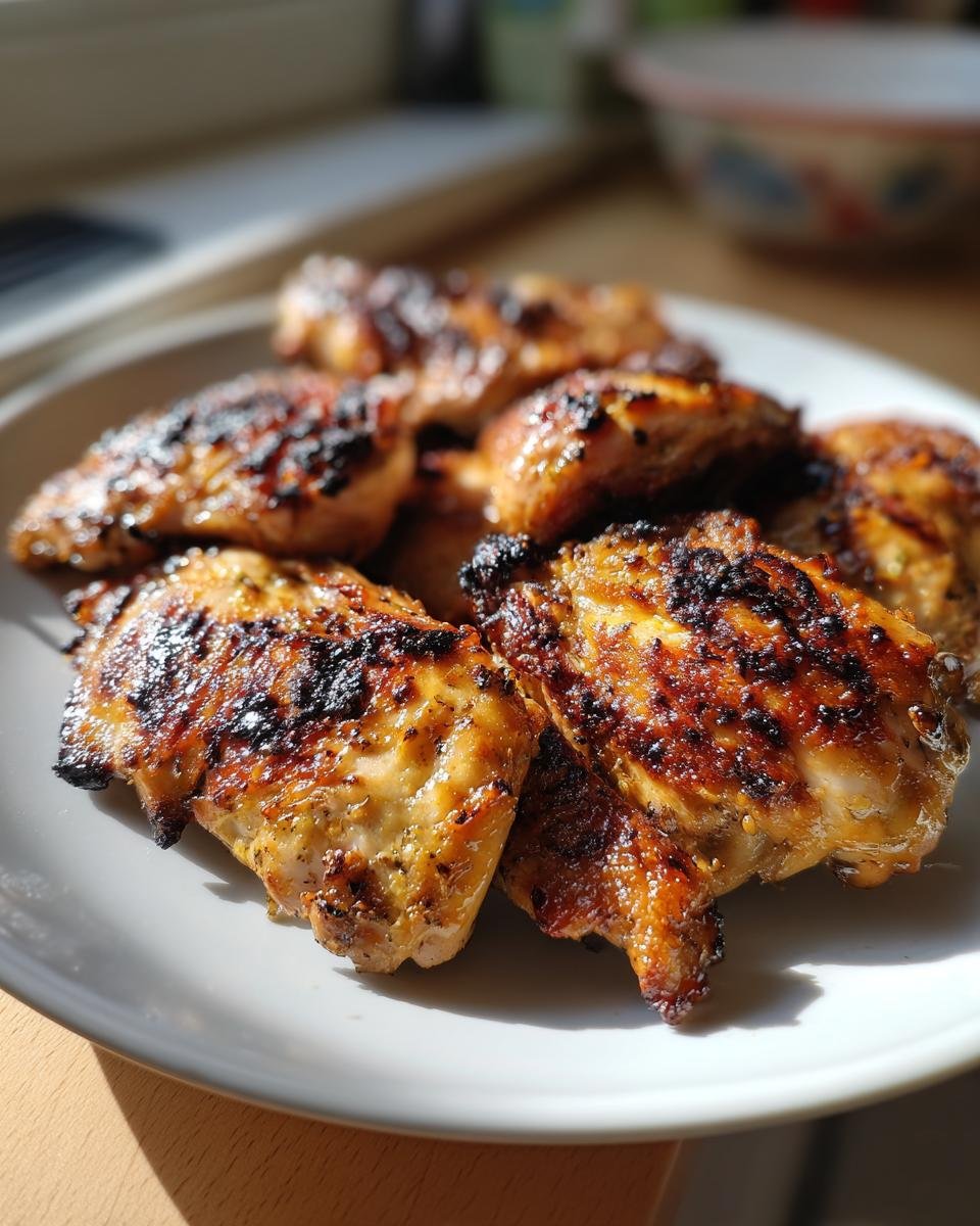 Close-up of beautifully charred and glazed pieces of Irresistible Vietnamese Lemongrass Chicken on a white plate.
