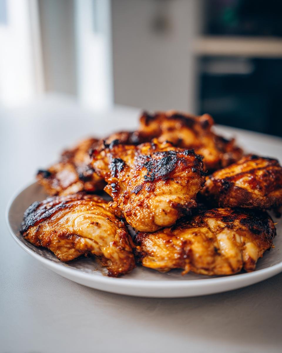 A close-up of several pieces of perfectly grilled Irresistible Vietnamese Lemongrass Chicken piled on a white plate.