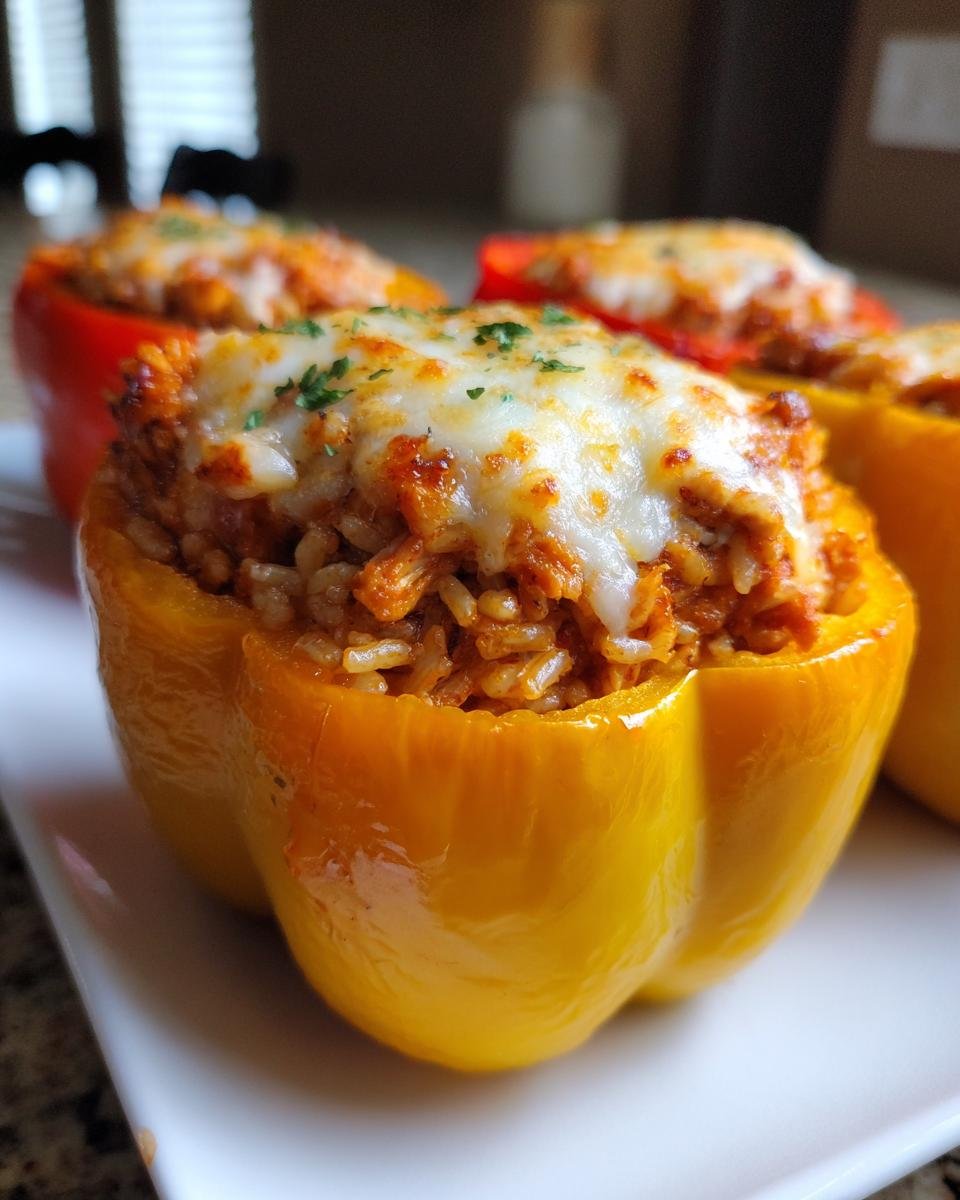 Close-up of a yellow bell pepper filled with rice and chicken mixture, topped with melted cheese for an Irresistible Chicken Stuffed Peppers Recipe.