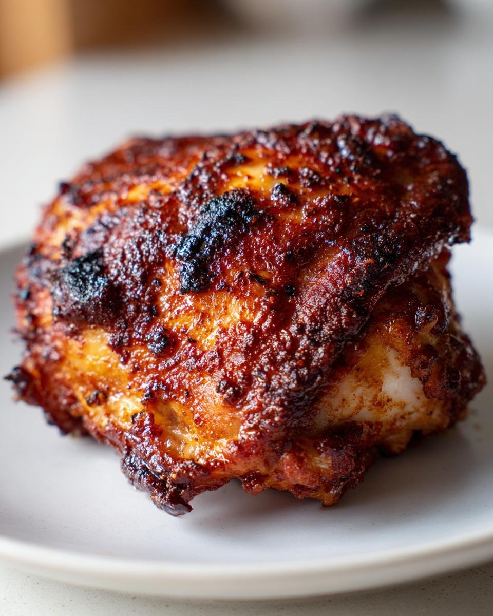 Close-up of a richly seasoned and caramelized Irresistible Yogurt Marinated Chicken Thigh on a white plate.