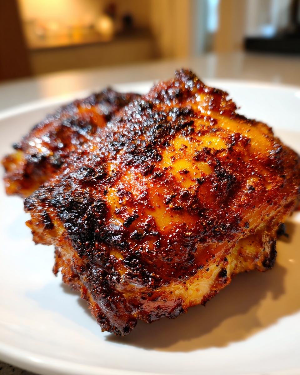 Close-up of two perfectly cooked, richly seasoned yogurt marinated chicken thighs with a dark, caramelized crust.