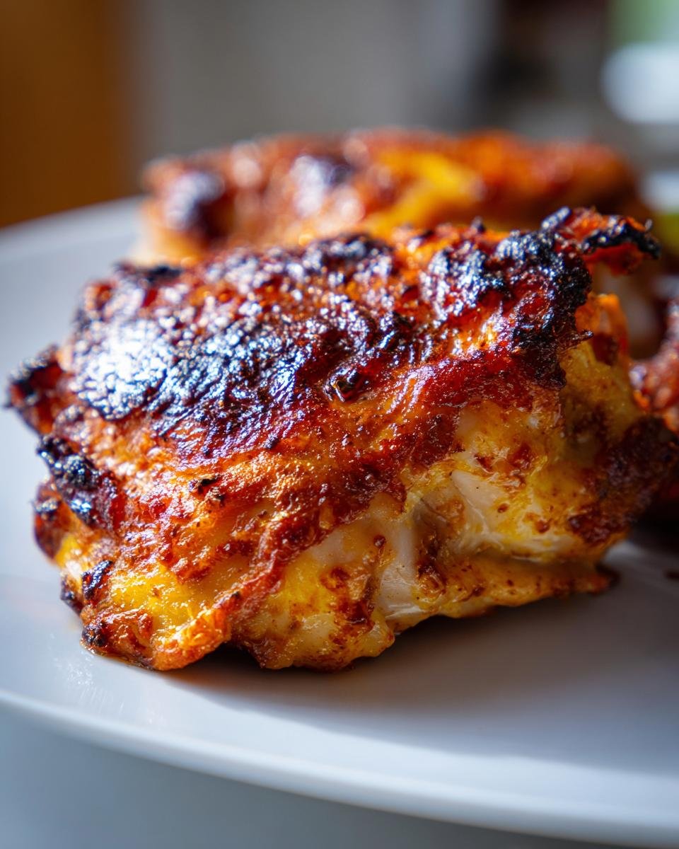 Close-up of a perfectly cooked, richly browned piece of Irresistible Yogurt Marinated Chicken Thighs on a white plate.