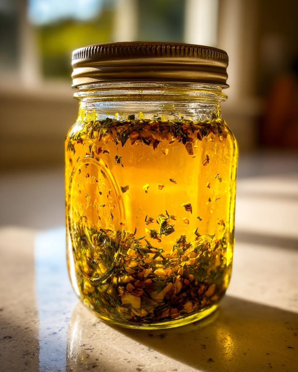 Close-up of a glass jar filled with golden oil and settled herbs for Zesty Greek Salad Dressing Recipe.