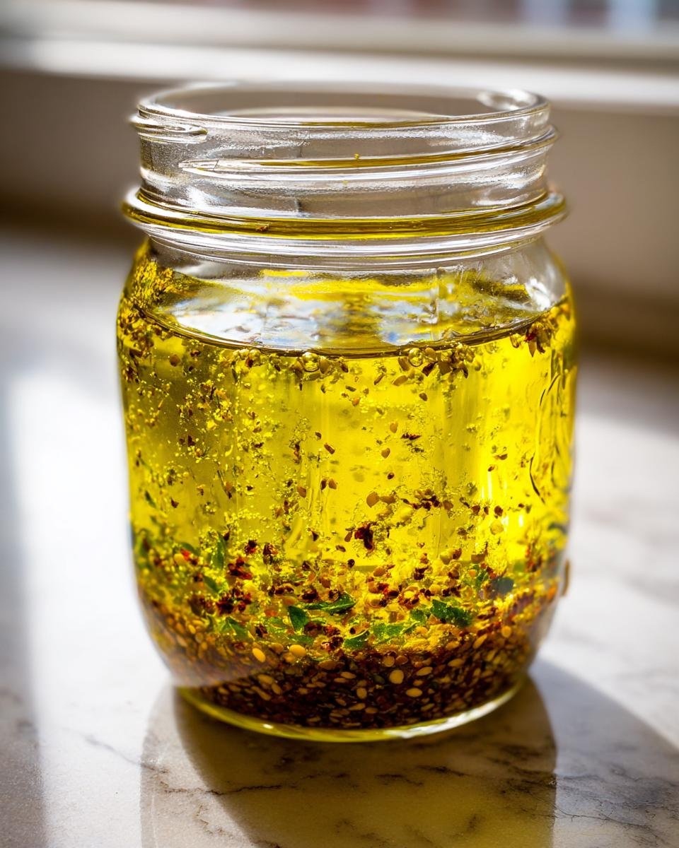 A glass jar filled with bright yellow oil and settled herbs/spices for Zesty Greek Salad Dressing Recipe.