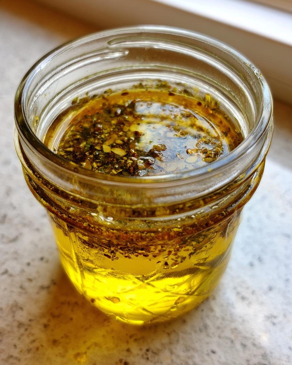 Close-up of Zesty Greek Salad Dressing Recipe ingredients mixed in a small glass jar.