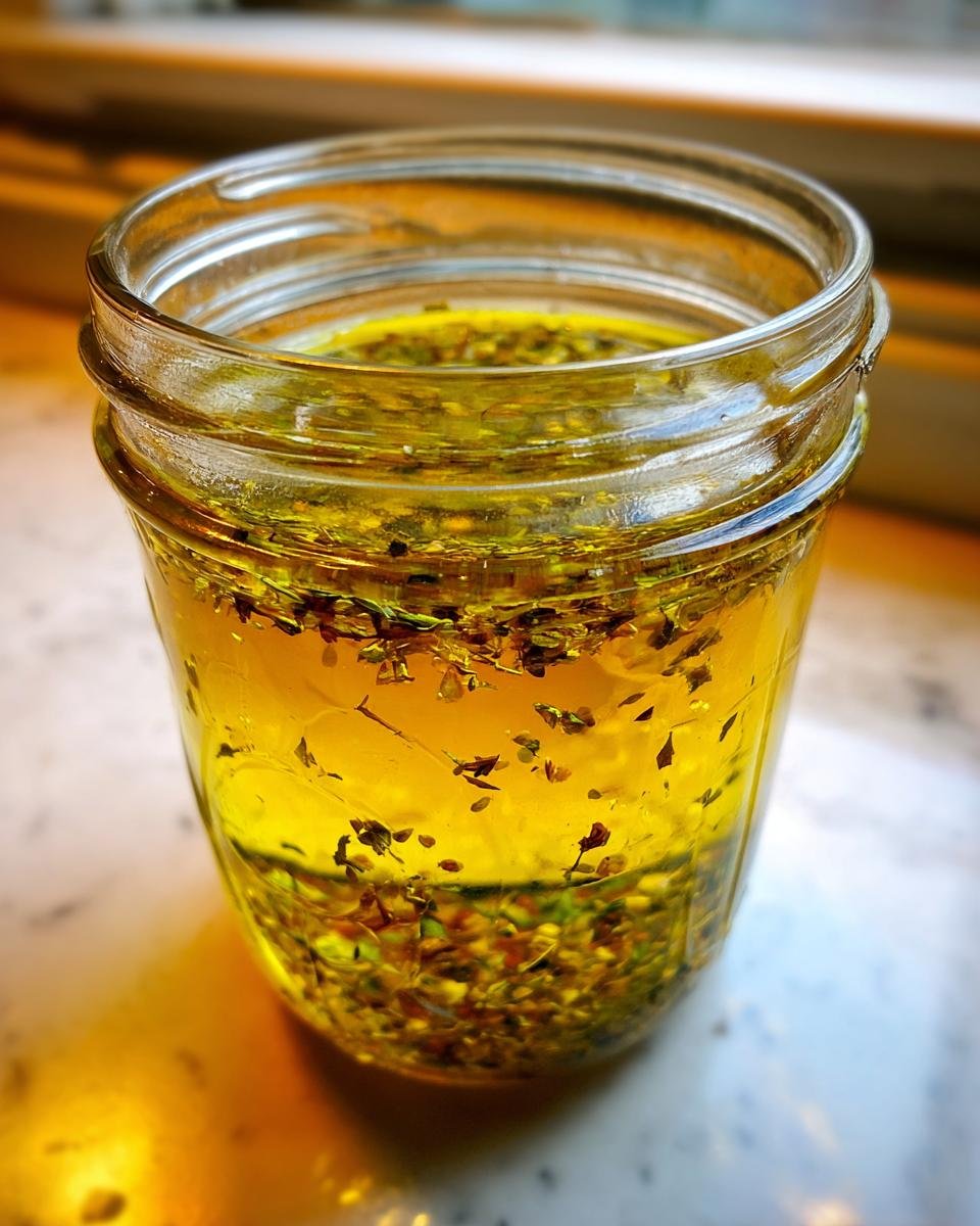 Close-up of homemade Zesty Greek Salad Dressing Recipe ingredients layered in a small glass jar.