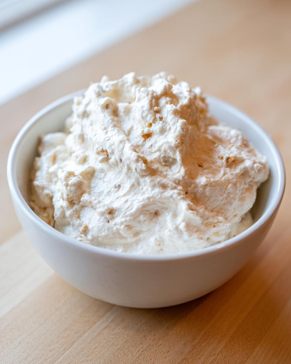A white bowl filled with fluffy, creamy Zesty Horseradish Sauce, resting on a light wooden surface.
