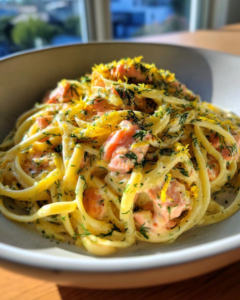 Close-up of Zesty Lemon Dill Salmon Pasta tossed in a creamy sauce, topped with fresh dill and lemon zest.