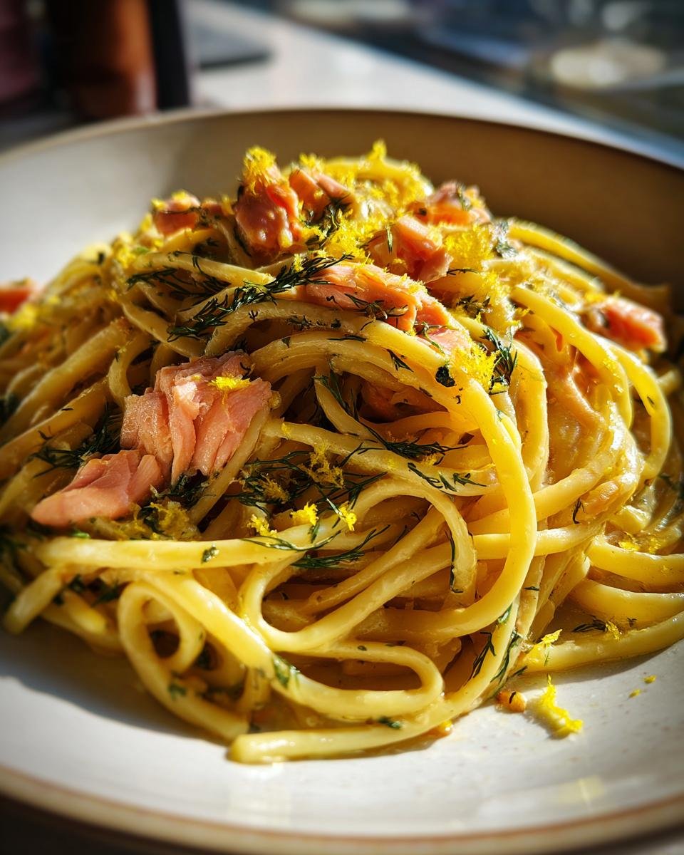 Close-up of Zesty Lemon Dill Salmon Pasta topped with flaked salmon, fresh dill, and bright yellow lemon zest.