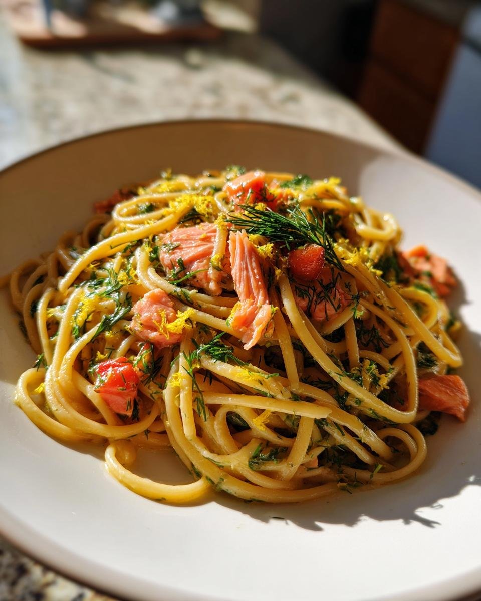 A close-up of Zesty Lemon Dill Salmon Pasta, featuring linguine tossed with salmon chunks, fresh dill, and lemon zest.