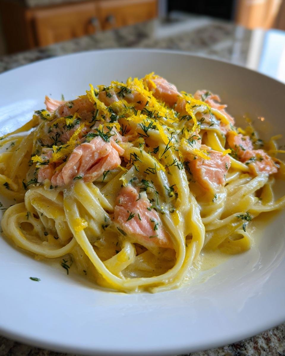 Close-up of creamy Zesty Lemon Dill Salmon Pasta topped with fresh dill and bright lemon zest.