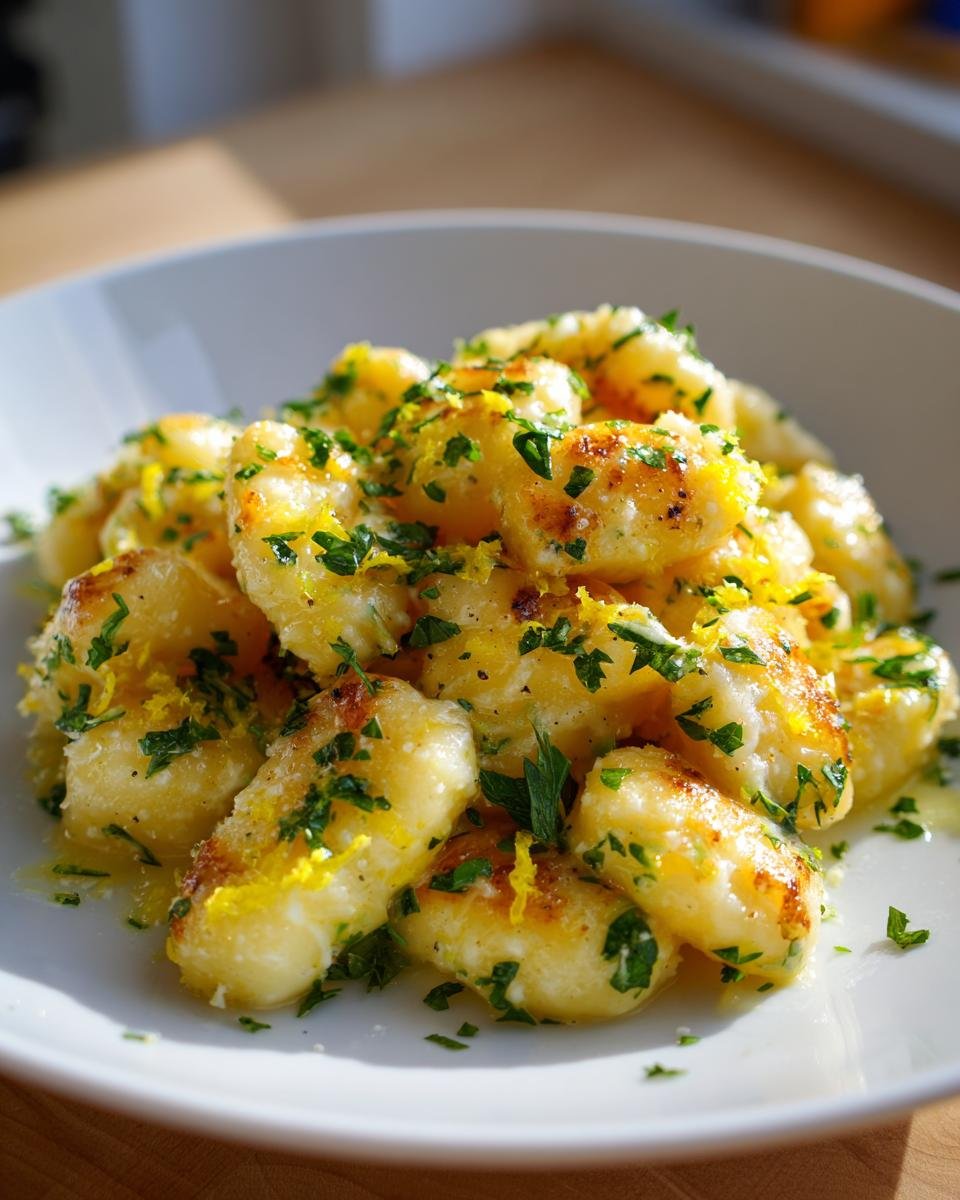 Close-up of pan-seared gnocchi topped with lemon zest, Parmesan, and fresh parsley from the Zesty Lemon Parmesan Sheet Pan Gnocchi Recipe Delight.