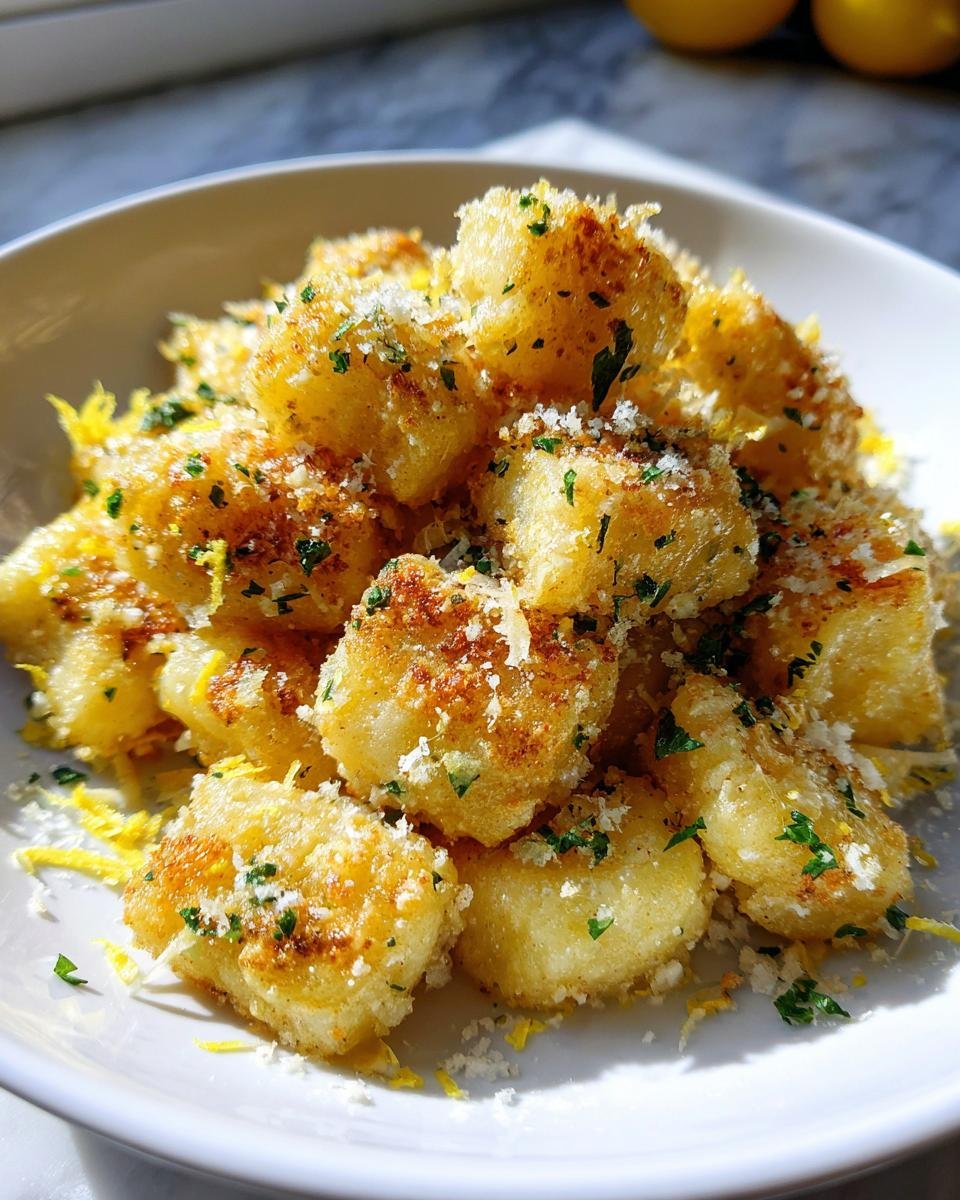 Close-up of crispy, golden Zesty Lemon Parmesan Sheet Pan Gnocchi topped with grated cheese and parsley.