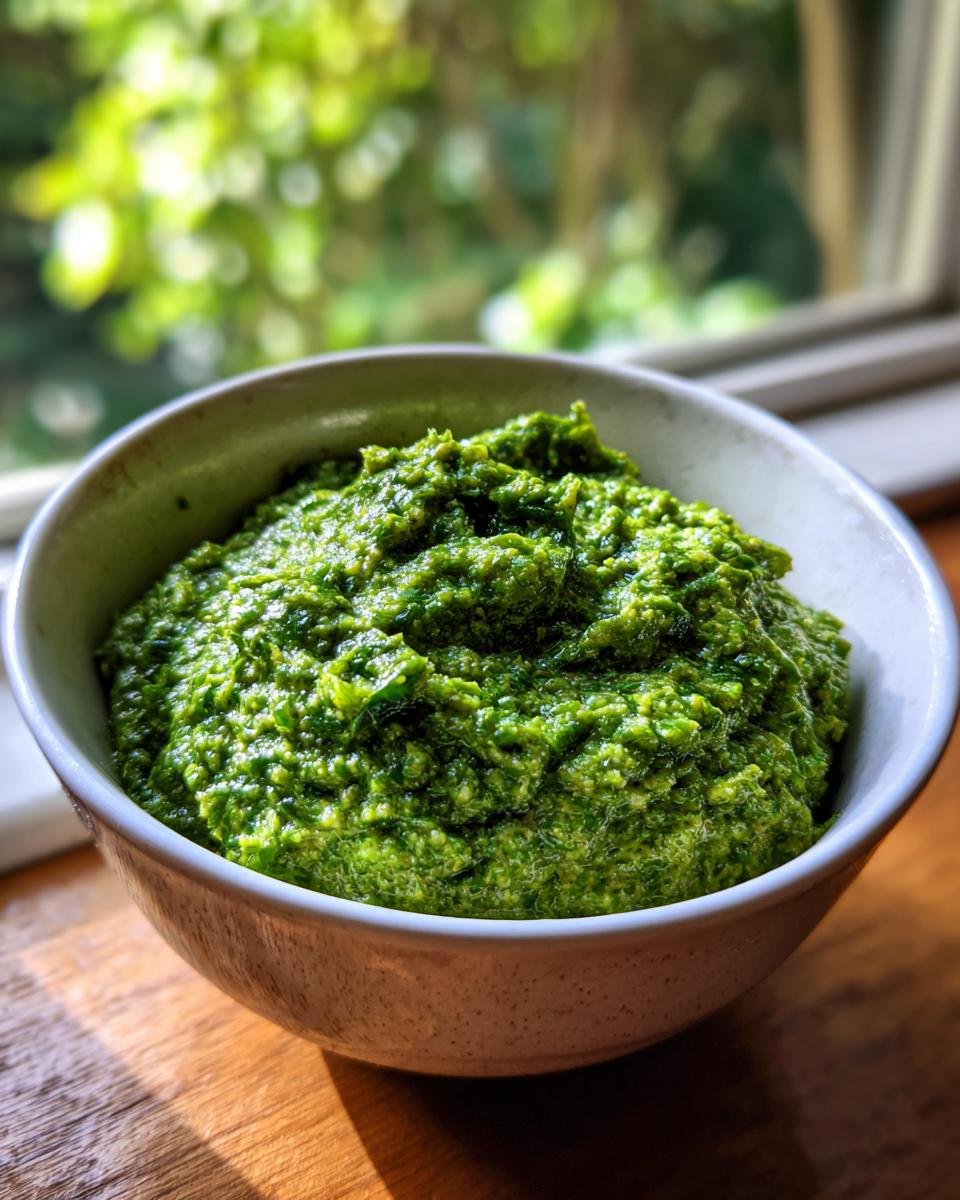 A close-up of thick, vibrant green 2 Minute Green Olive Dip served in a light-colored bowl.