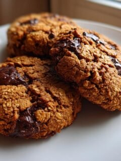 Three golden brown 4 Ingredient Chocolate Oat Cookies with melted chocolate chunks resting on a white plate.
