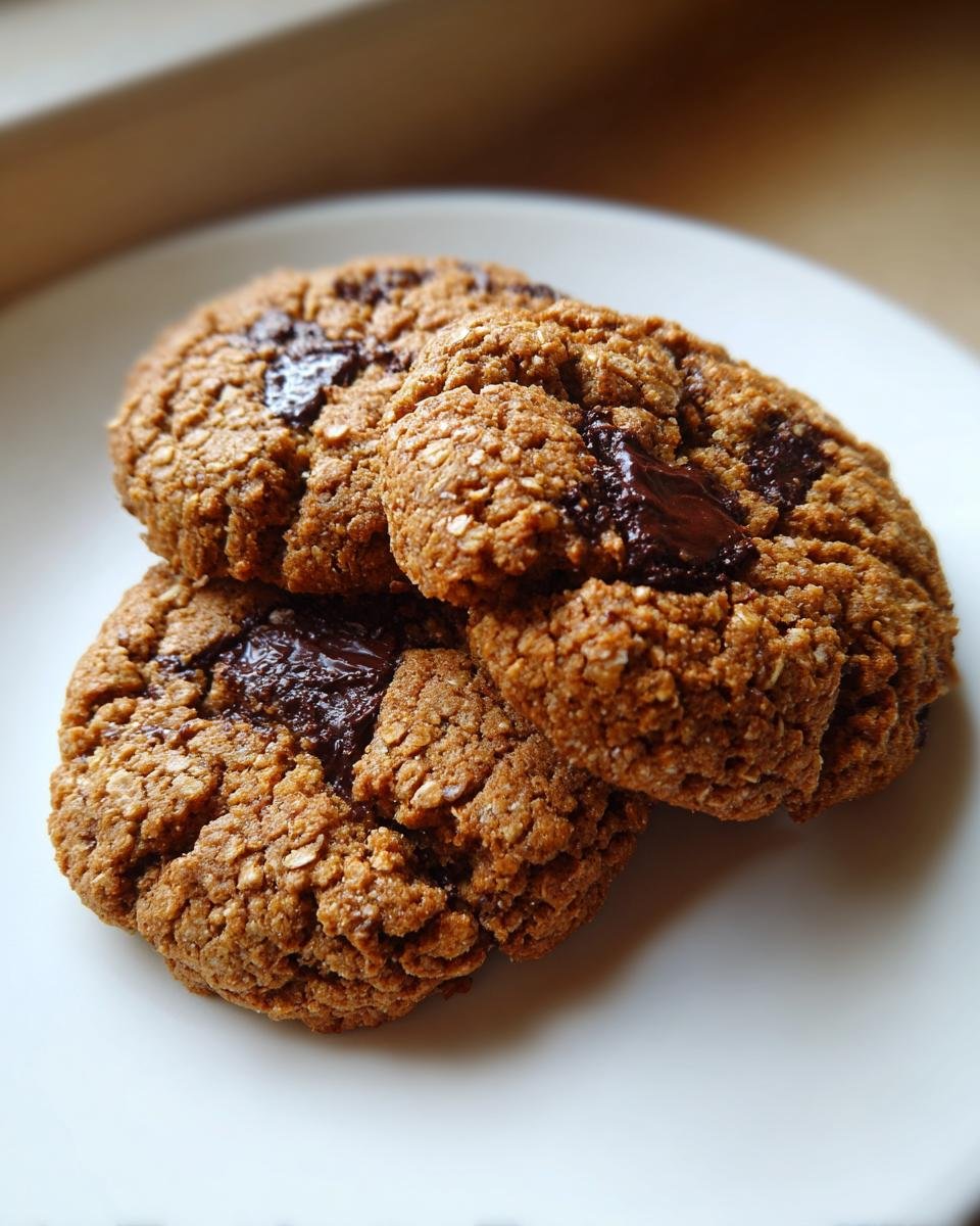 A close-up of three textured 4 Ingredient Chocolate Oat Cookies stacked on a white plate.