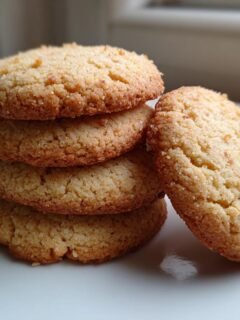 A stack of four golden brown Almond Flour Sugar Cookies with one leaning against the side on a white plate.