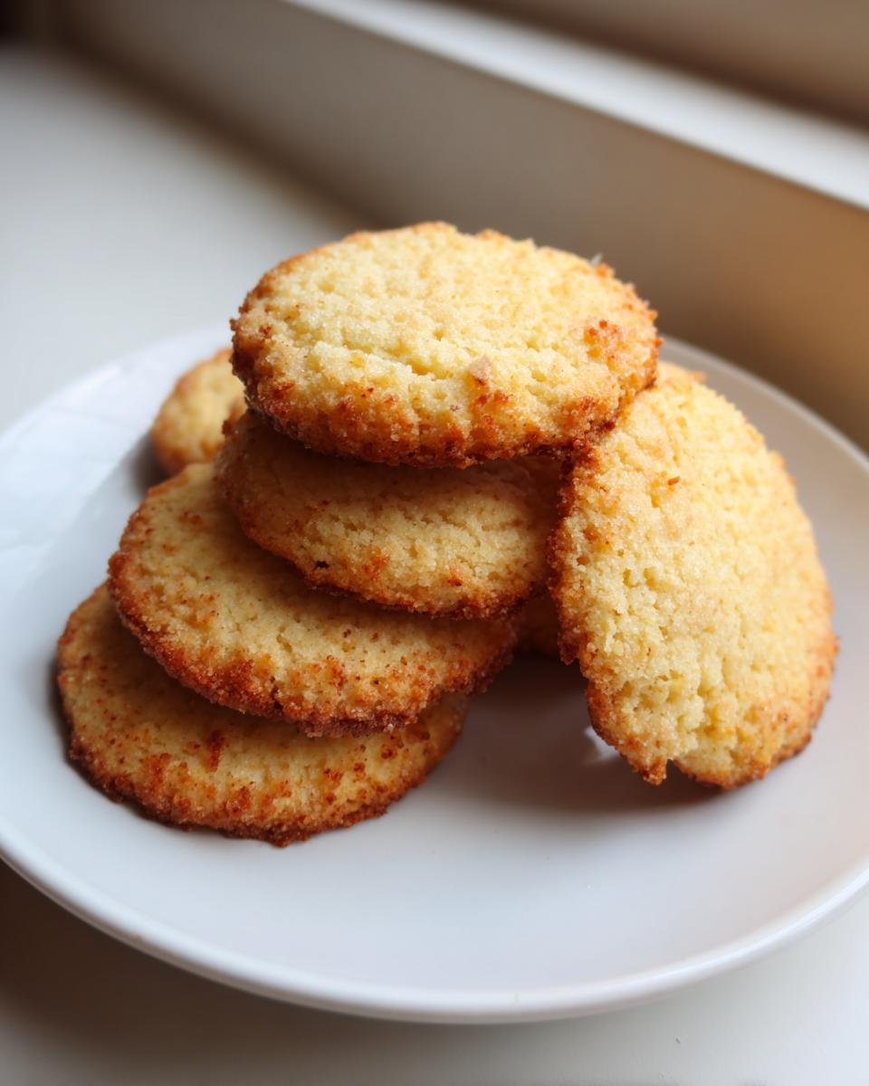 A stack of five golden brown Almond Flour Sugar Cookies resting on a simple white plate near a bright window.