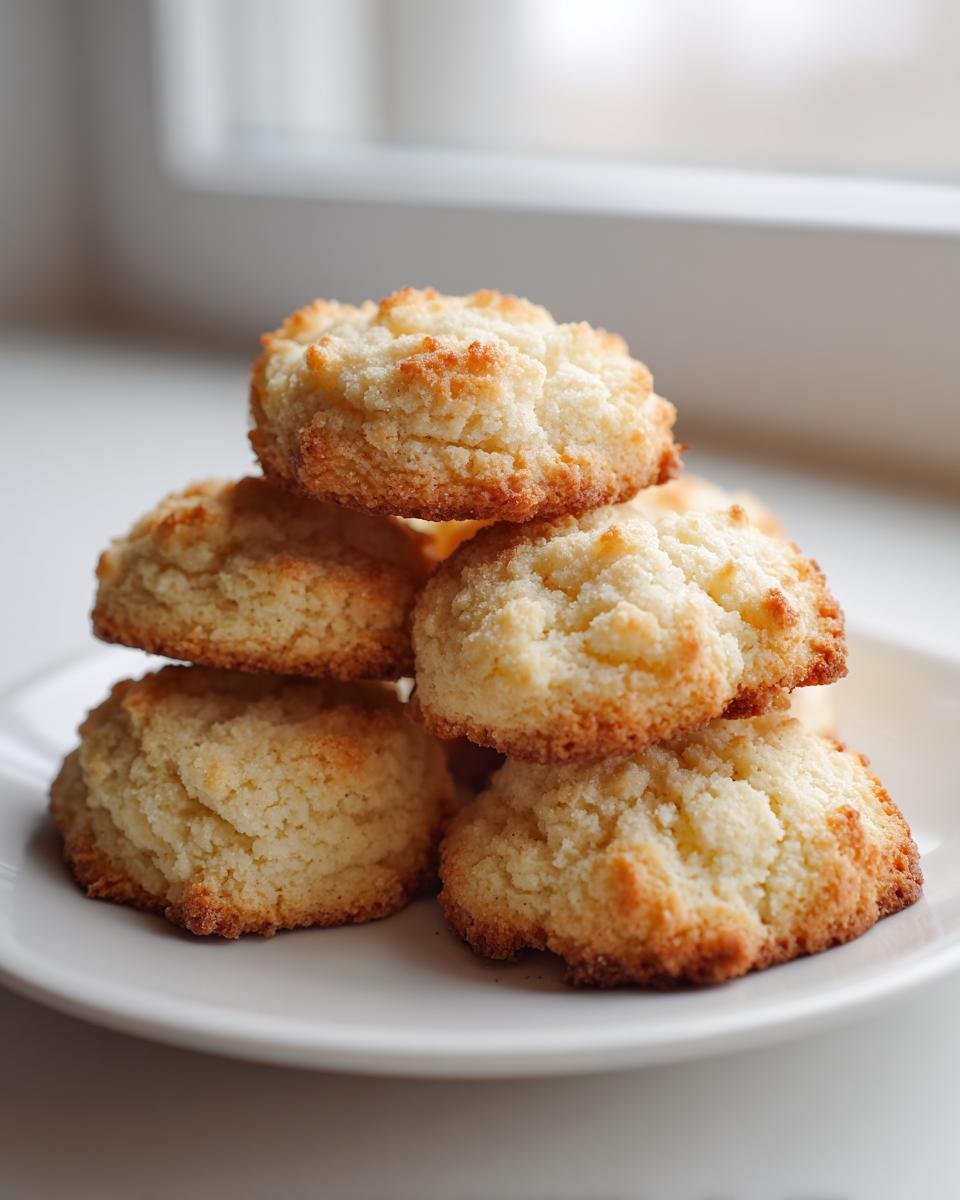 A stack of five golden-brown Almond Flour Sugar Cookies piled on a white plate near a window.