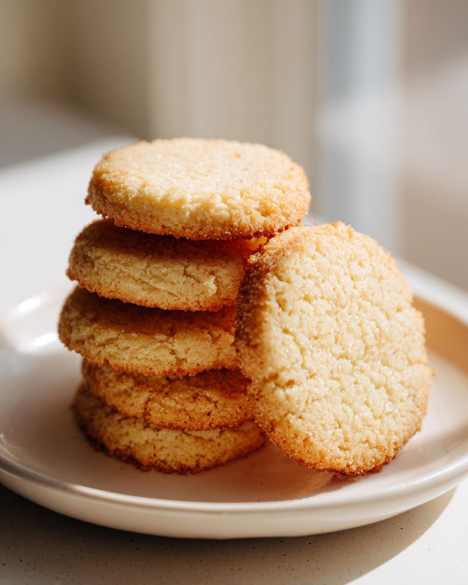 A stack of five golden, slightly textured Almond Flour Sugar Cookies served on a white plate.