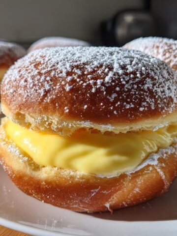 A close-up of an amazing Bomboloni Alla Crema filled with rich pastry cream and dusted heavily with powdered sugar.