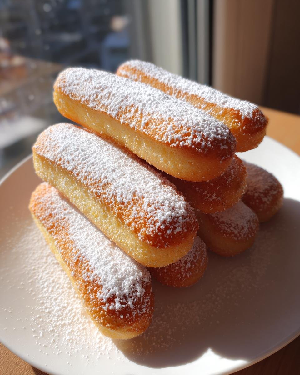 A stack of golden-brown, freshly baked ladyfingers recipe treats generously dusted with white powdered sugar on a white plate.