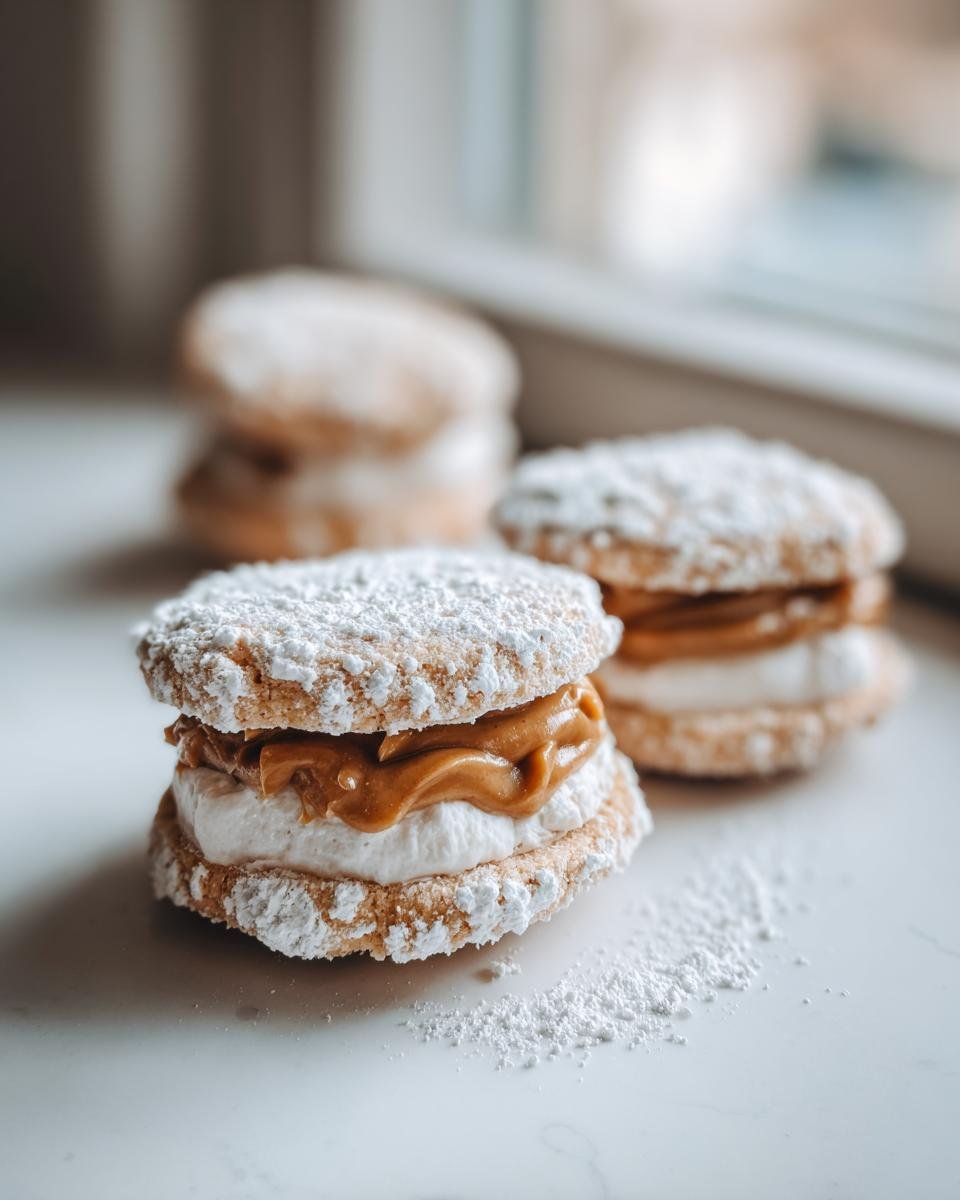 Close-up of a freshly made Andalusian Alfajores cookie sandwich filled with cream and dulce de leche, dusted with powdered sugar.