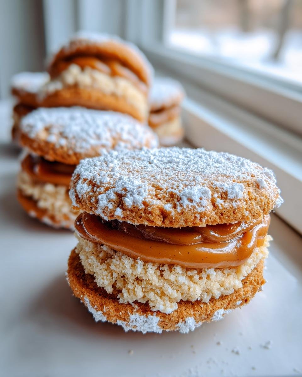 A close-up of a freshly made Andalusian Alfajores cookie sandwich filled with dulce de leche and powdered sugar.