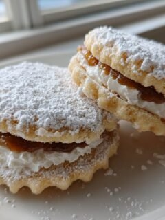 Two delicious Andalusian Alfajores cookies filled with jam and cream, dusted heavily with powdered sugar.