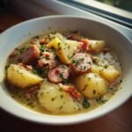 Close-up of a creamy bowl of Dublin Coddle featuring large potato chunks, sliced sausage, and bacon bits, topped with fresh parsley.